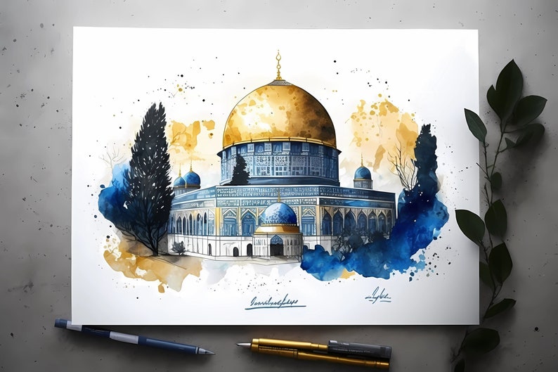 Islamic Wall Art, Al Aqsa Mosque, Dome of the Rock, Palestine, 300gsm Fine Art Paper, Watercolor painting, Arabic design. image 2