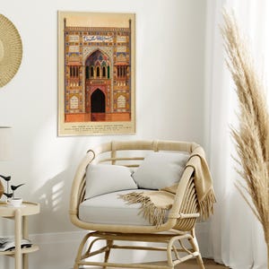 May include: A vintage poster featuring a detailed illustration of an ornate archway with intricate tilework and Arabic script. The archway is set against a light beige background.