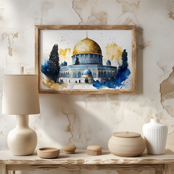 Islamic Wall Art,  Al Aqsa Mosque, Dome of the Rock, Palestine, 300gsm Fine Art Paper, Watercolor painting, Arabic design.
