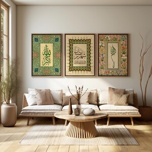 May include: Three framed Islamic calligraphy art prints. The prints feature ornate borders and Arabic script in green, gold, and floral designs. The artwork hangs above a light-colored sofa with neutral-toned pillows and a wooden coffee table.