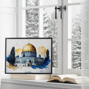 Islamic Wall Art, Al Aqsa Mosque, Dome of the Rock, Palestine, 300gsm Fine Art Paper, Watercolor painting, Arabic design. image 7