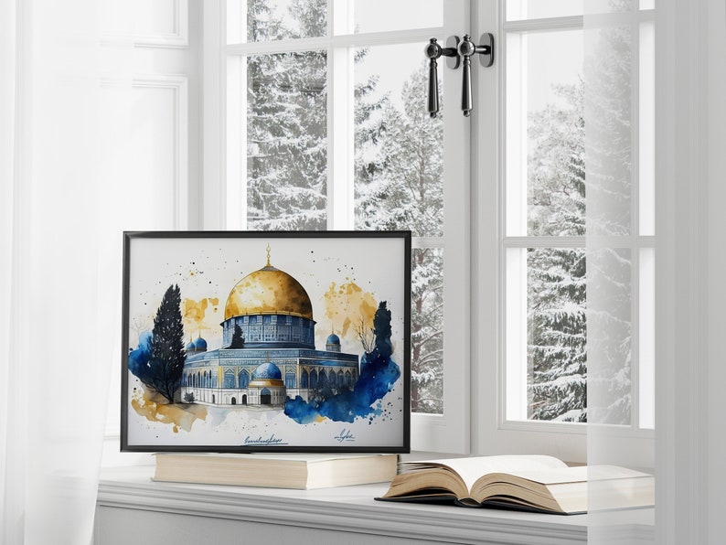Islamic Wall Art, Al Aqsa Mosque, Dome of the Rock, Palestine, 300gsm Fine Art Paper, Watercolor painting, Arabic design. image 7