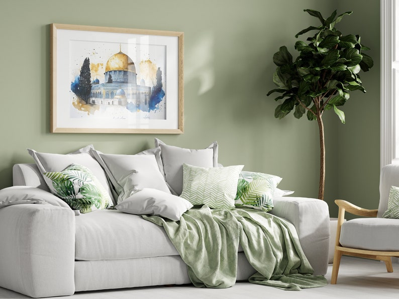 Islamic Wall Art, Al Aqsa Mosque, Dome of the Rock, Palestine, 300gsm Fine Art Paper, Watercolor painting, Arabic design. image 5