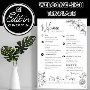 Welcome Sign for Short Term Rental Hosts, Editable Airbnb Template, Vacation STR Printable, VRBO WiFi Digital Download, Guest Check-in Guide