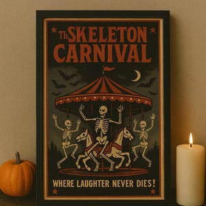 Skeleton Carnival Halloween Poster, Retro Horror Wall Art (Digital Download)