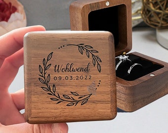 Custom Walnut Wooden Wedding Ring Box, Anniversary Gifts, Engraved Square Engagement Ceremony Ring Box, Ring Bearer Box for Wife Her
