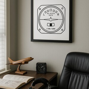 May include: Office scene with aviation theme. A framed black and white print of an aircraft instrument, a wooden model aeroplane, a black analog clock, and green aviation headphones. The print reads "No Pitch Info" and "2 Min. Turn".