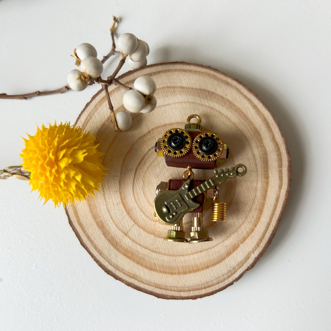 Handmade Steampunk Wooden Robot.golden Guitar Player. Keychain/necklace ...