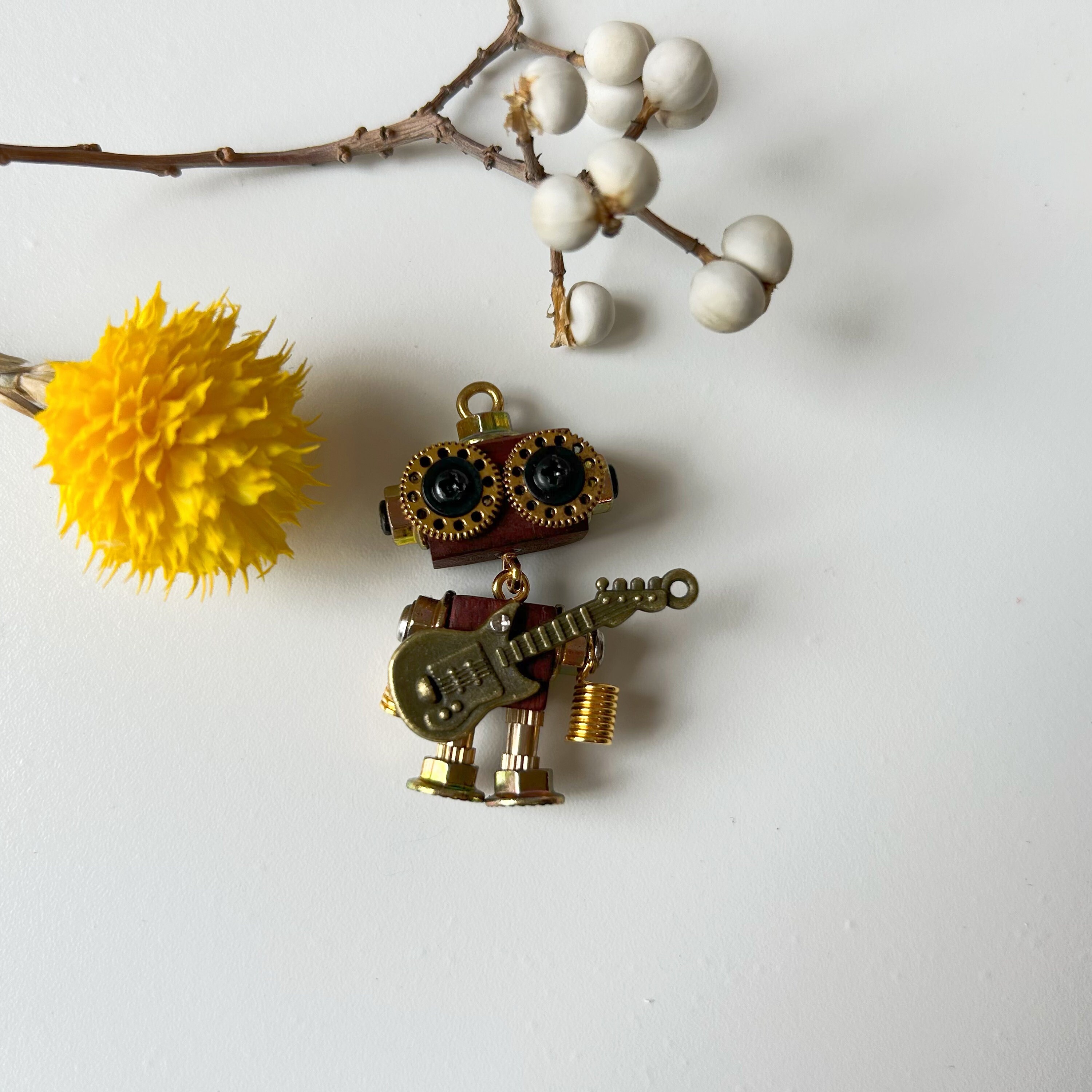 Handmade Steampunk Wooden Robot.golden Guitar Player. Keychain/necklace ...