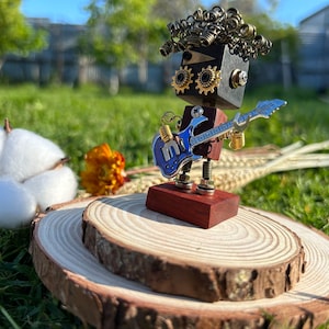 handmade steampunk robot Figurine & Knick Knack's robot,  Guitarist, Desk Decorations, Home Decor, and Wooden robot gifts.