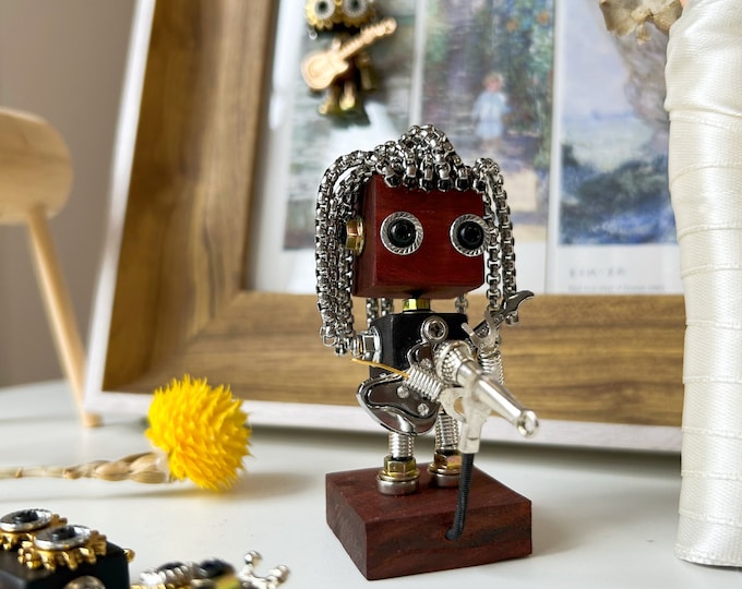 handmade steampunk robot Figurine & Knick Knack's robot, band singer, Desk Decorations, Home Decor, car decorations, and Wooden robot gifts.