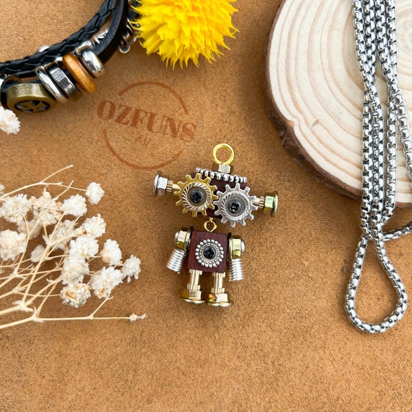 handmade steampunk wooden robot, big ear,keychain decor/Necklace Robot/Key Decor/Car Decoration/handmade gift/Birthday gift/gift for lover.