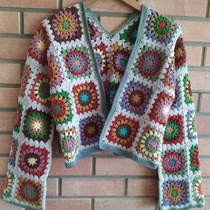 Crochet Granny Square Cardigan,Patchwork Knit Sweater,Crochet Jumper,Crochet Coat, Boho Style Handmade Sweater,women's Jacket,gift for her