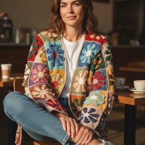 Handmade Crochet Flower Cardigan: Oversize Retro Cotton Granny Square Sweater