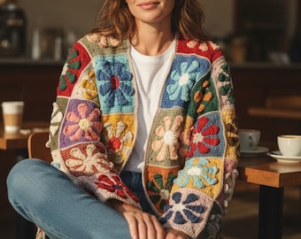 Cardigan con fiori all'uncinetto fatto a mano: maglione oversize retrò in cotone stile "nonna"