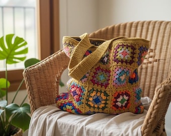 Bolso tote cuadrado de ganchillo amarillo mostaza estilo abuela: hecho a mano al estilo bohemio.