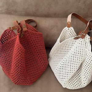 Handmade Crochet Market Bag: 100% Cotton Macrame Tote with Leather Strap