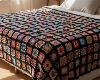 Crochet Roseanne Granny Square Blanket: Handmade Cotton Boho Afghan