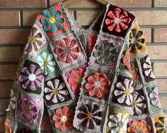 3D Daisy Crochet Cardigan, Handmade Floral Boho Sweater, Summer Knit Jacket