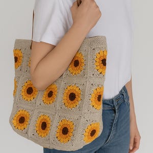 Sunflower Crochet Bag, Handmade Crochet Sunflower Tote Bag with Leather Straps – Boho Style, Eco-Friendly, Perfect Gift for Her, Boho Bag