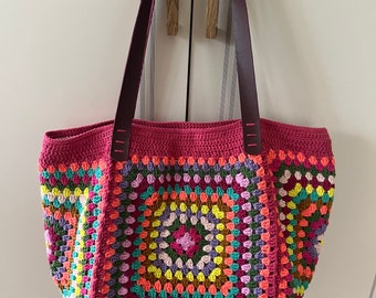 Large Granny Square Tote Bag, Crochet  Bag,Colorfull Crochet Beach Bag,Granny Square Shoulder Bag in Retro Style , Gift for her