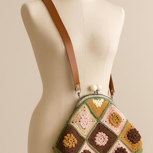 Crochet Granny Square Clutch: Handmade Wool Bag with Leather Strap