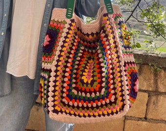 Large Granny Square Tote Bag, Crochet  Bag,Colorfull Crochet Beach Bag,Granny Square Shoulder Bag in Retro Style , Gift for her