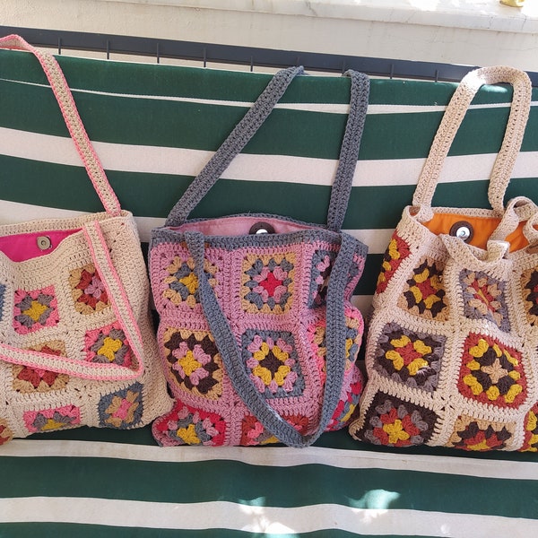 Granny Square Bag, Crochet Handle Bag, Crochet Bag, Boho Bag, Beach Bag, Shoulder Bag, Granny Square Beige Bag, Patchwork Bag, Gift for her