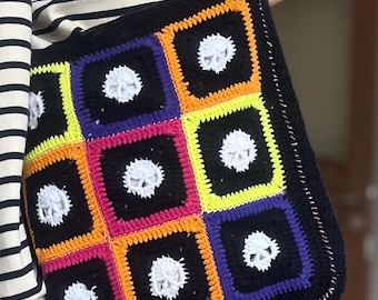 Crochet Skull Bag: Handmade Bohemian Tote with Yellow Strap