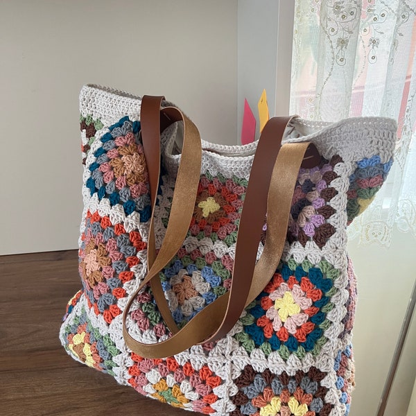 Granny Square Bag, Crochet Handle Bag,Beige and Colorfull Crochet Beach Granny Square Shoulder Bag in Retro Style , Gift for her,