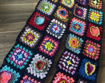 Handmade Granny Square Crochet Scarf, Colorful Patchwork Boho Cotton Accessory