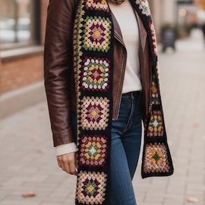 Handmade Granny Square Crochet Scarf: Unisex Colorful Cotton Patchwork Shawl