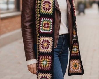 Cachecol quadrado de crochê feito à mão para avó: xale unissex de algodão colorido com patchwork