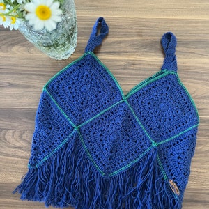 Handmade Granny Square Crochet Crop Top: Blue Boho Tassel Bustier