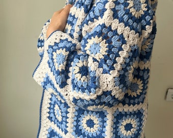 Patchwork Granny square hooded L-XL size blue white design seasonal cotton cardigan, special gift for mother, sister, lover,happymothersday