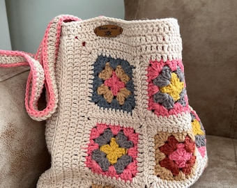 Crochet Granny Square Bag: Boho Cotton Patchwork Shoulder Bag