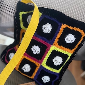 Skull Pattern Crochet Bag- Black Base knit Tote, Multi-Colored Details with Yellow Strap - Cotton Lining,Unique Design Valentine&#39;s Day Gifts