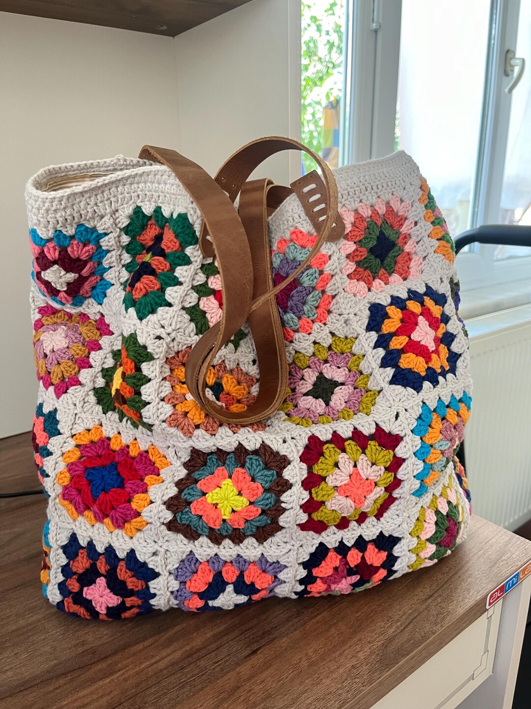 Large Granny Square Crochet Tote Bag: Retro Boho Style