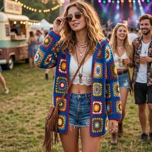 May include: A long-sleeved cardigan made of blue, yellow, red, and green crochet granny squares. The garment features a hood and an open front design. It is worn over a white lace crop top and blue denim shorts, paired with a brown fringed crossbody bag.