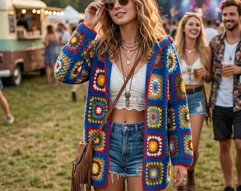 Handgefertigte Grandma Square Bunte Häkeljacke: Boho Patchwork Festival Strickmantel