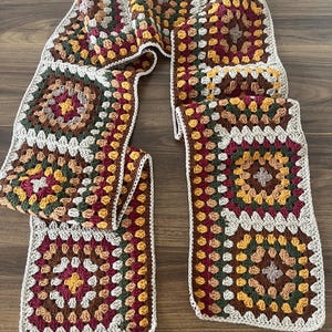 Handmade Unisex Crochet Scarf – Cotton, Vintage & Bohemian Style, Granny Square Motif, Unique Design in Natural Earth and Terracotta Tones