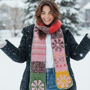 Handmade Crochet Angora Cotton Scarf: Colorful Patchwork Boho Wrap