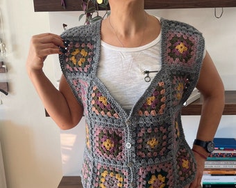 Granny Square Vestcoat,Crochet Sweater Vest, Granny Square Sweater Vest, Patchwork  Colorful Vest, Vintage Style Sweater Vest,Mothersdaygift