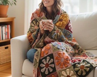 Handmade Crochet Cotton Throw Blanket – Floral Granny Square, Soft Decor