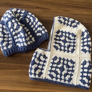 Blue and White Crochet Balaclava - Handmade Granny Square Hood - Winter Crochet Hat - Boho Ski Mask - Cozy Festival Balaclava - Unique Gift