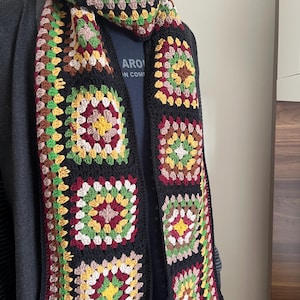 Granny Square Scarf, Handmade Crochet Scarves, Colorful Cable Long Shawl, Woman Chuncky, Hand Knitted Wrap,Winter Patchwork,Gift for her,him