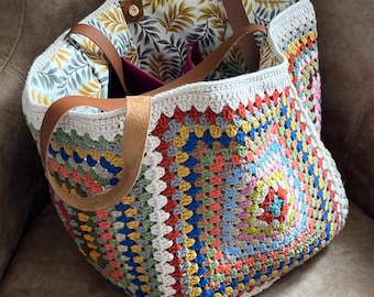 Boho Virkad Axelväska: Läderremmar, Bomullsfodrad Blommig Toteväska