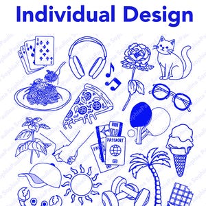 Może przedstawiać: Niebieska ilustracja liniowa z różnymi ikonami, w tym jedzeniem, podróżami, muzyką i sportem. U góry znajduje się napis "Individual Design". Ikony obejmują pizzę, słuchawki, paszport, okulary przeciwsłoneczne i kontroler do gier.