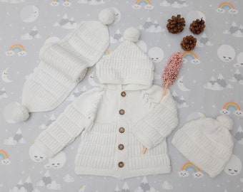 Knitted Crochet Hoodie, Scarf and Beanie Set for Babies with Pom Pom Detail Gift for Newborn