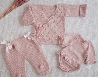 Newborn Crochet Cardigan Set for Girls | Knitted Toddler Sweater, Romper and Trousers with Booties | Coming Home Outfit | Baby Girl Pant Set